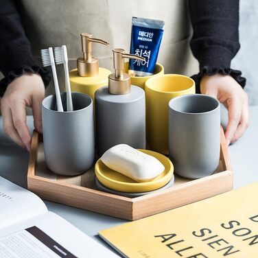 Набір аксесуарів для ванної кімнати з кераміки, 3 шт. (Жовтий) - мильниця, дозатор мила, стакан для зубних щіток