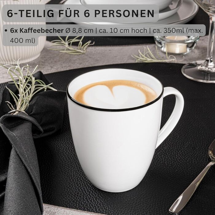 Набір посуду SÄNGER Tafelservice Marlo Black Rim, 24 предмети (6 осіб) з порцеляни: вечері, десерти, миски, чашки