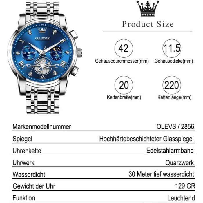 Годинник чоловічий OLEVS 2856 з фазами місяця, хронограф, кварц, нержавіюча сталь, водостійкий, блакитно-сріблястий