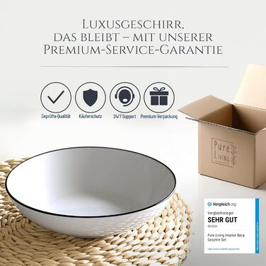 Набір посуду Porzellan Crystal 24 елементи для 6 осіб: тарілки, миски, тарілки для їжі. Білий посуд з чорним краєм Pure Living.