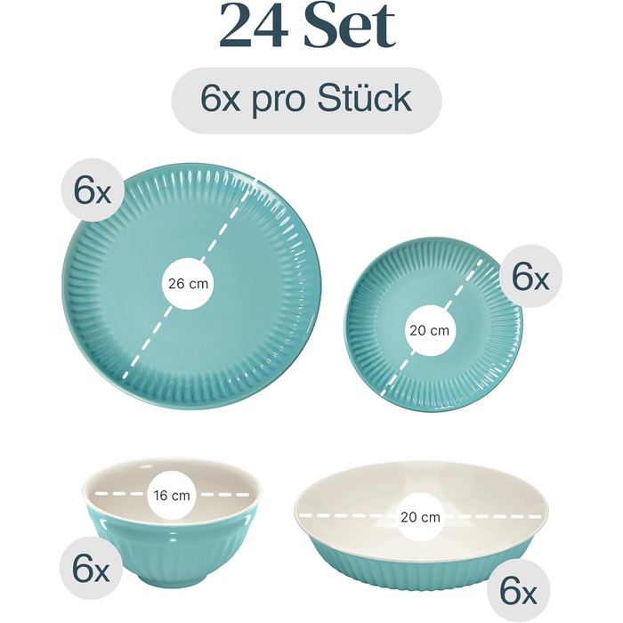 Набір посуду Steingut Hygge 24 шт. для 6 осіб: тарілки, миски, сервіз Pure Living Petrol