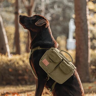 Шлейка для собак OneTigris з рюкзаком, Hoppy Caper 3.0 для піших прогулянок та хайкінгу, рюкзак для собак середніх та великих порід, 2 основні кишені, 4 додаткові кишені - Зелений (L, Коричневий)