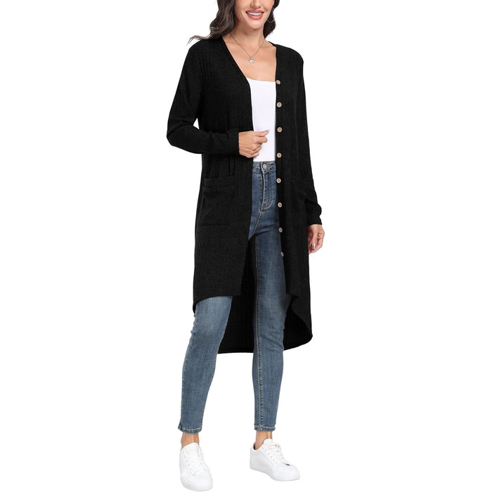 Кардиган жіночий Grecerelle, довгий, легкий, чорний, з ґудзиками та V-подібним вирізом