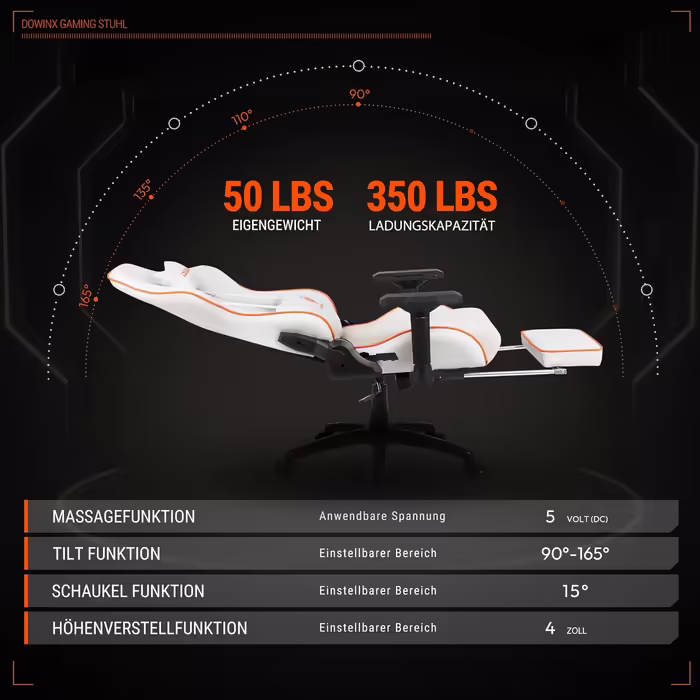 Dowinx Gaming Chair - Office Chair with 4D Armrests and Footrest - PU Leather Gamer Chair with High Load Capacity - Ergonomic Gaming Chair - Suitable as a Gaming Recliner - 150 kg (White) White 57*56*137cm