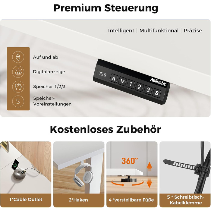 Ергономічний кутовий стіл Agilestic з регулюванням висоти, 160 x 140 см, електричний, білий