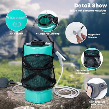 WILD HEAT Camping Shower 12L Portable Shower for Camping with Foot Pump and Shower Bag Backpack for Camping (12L, Turquoise)