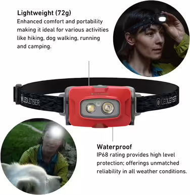 Налобний ліхтар Ledlenser HF4R Core, 500 люмен, LED, акумуляторний, водонепроникний IP68, з червоним світлом для туризму та кемпінгу