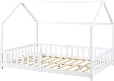 en.casa Kids Bed Hesel House Bed White 90 x 200 cm with Side Rails and Slatted Base, Floor Bed, Youth Bed, Wooden Bed