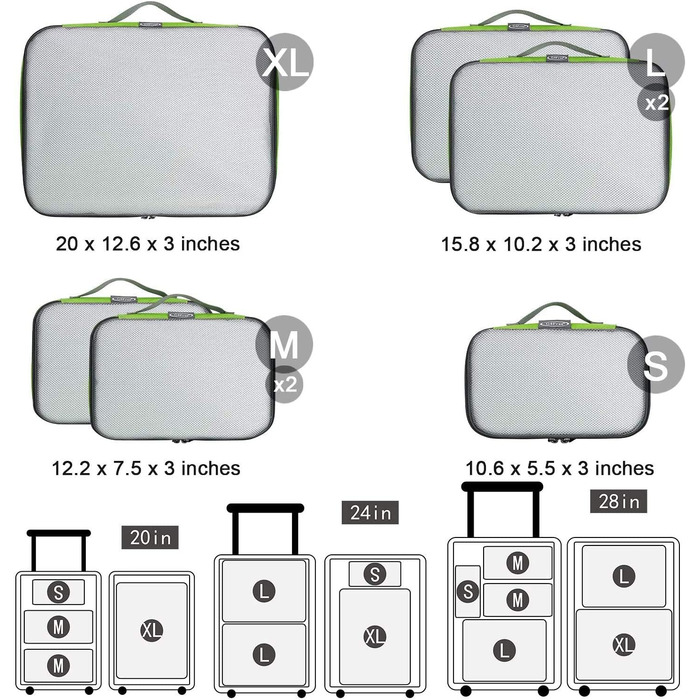 Органайзери для валізи G4Free, набір 6 шт (сітка) - зелений (S+2M+2L+XL) для подорожей