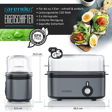 Електричний яйцеварка Arendo Threecook з нержавіючої сталі - 1-3 яйця, регулювання ступеня готовності, BPA-free, сірий колір