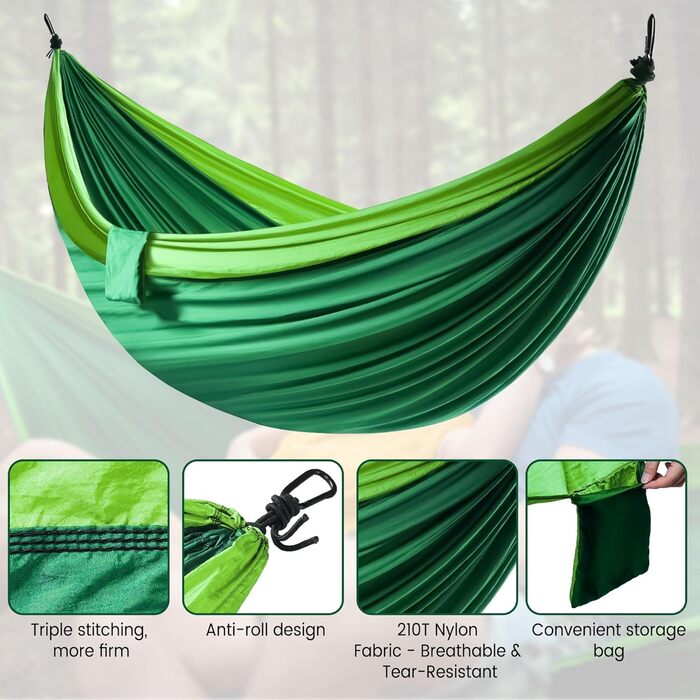 Гамак для двох осіб XXL 300 x 200 см – Складаний, ультралегкий та портативний. Міцний гамак для відпочинку на природі з вагою до 300 кг – ідеально підходить для саду, кемпінгу та подорожей (темно-зелений)