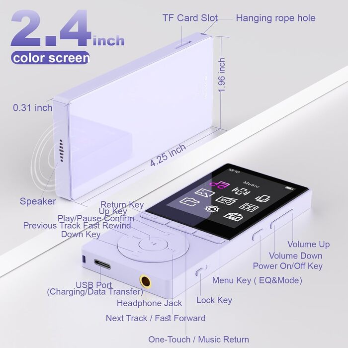 MP3 плеєр 64GB Bluetooth 5.3 з динаміком, записом голосу, E-book, HiFi звук, фіолетовий. Підтримка TF карти 128GB для спорту