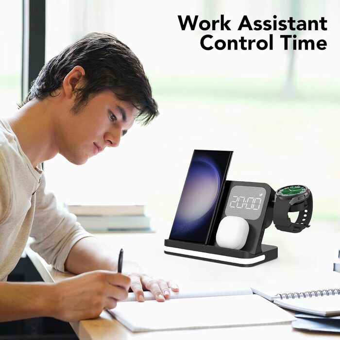 Бездротова зарядка 4-в-1 з будильником для Samsung Galaxy: Watch, Buds, Fold, Flip, S-серії (чорний)