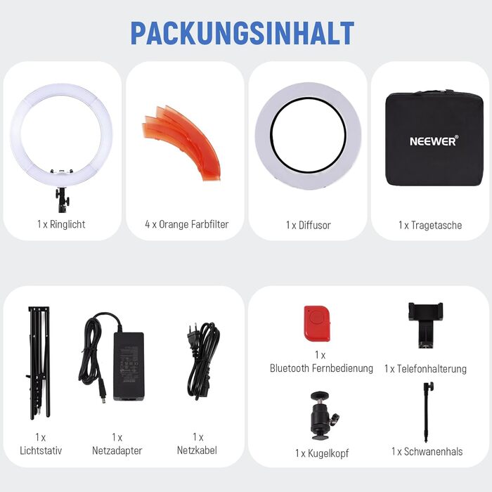 NEEWER Кольцеве світло 50 см (20 дюймів) LED з триподом та тримачем для телефону, 44 Вт, 3200K-5600K, з акумулятором, USB, для макіяжу, тату, вій, YouTube, TikTok, відеозйомки (RL-18)