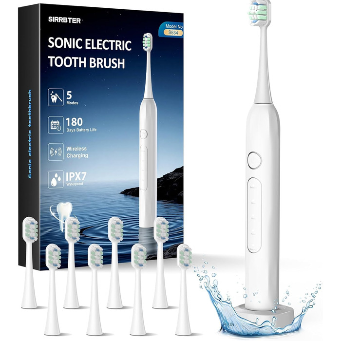 Електрична зубна щітка зі звуковими вібраціями, 5 режимів, таймер 30с, для відбілювання зубів за 2 тижні, 8 змінних насадок з м'якою 3D-щіткою, IPX7, 8 насадок