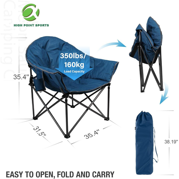 Крісло кемпінгове розкладне High Point Sports Moonchair XXL (до 150 кг) синій - з підсклянником для кемпінгу, саду, відпочинку