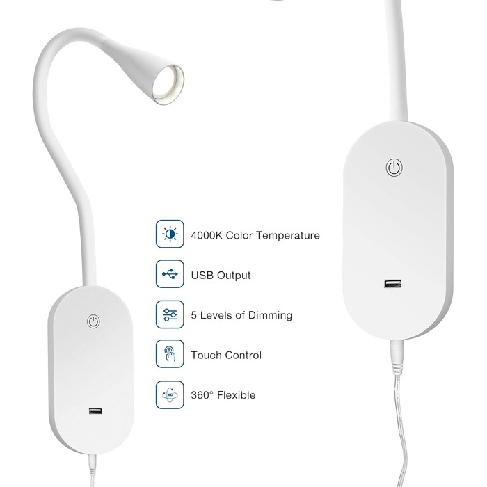 Нічник-лампа для читання Wandleuchte з USB, 5 рівнів яскравості, сенсорне керування, гнучкий кронштейн, білий