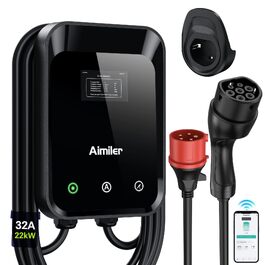 Зарядна станція для електромобілів AIMILER Wallbox 11кВт, 3-фазна, Typ 2, кабель 7.6м, з LCD-дисплеєм, лічильником електроенергії та керуванням через додаток, IP66, RCBO, чорна