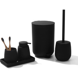 GAHEFY Bathroom Accessory Set, Bathroom Supplies Sets Decor, 5-Piece Bathroom Set - Soap Dispenser, Toothbrush Holder, Vanity Tray, Toilet Brush and Waste Bin Set for Bathroom (Black)