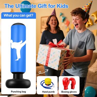 Дитячий боксерський мішок 160 см з рукавичками та насосом, надувний, для занять карате та тхеквондо, ідеальний подарунок для дітей від 6 років (Блакитний)