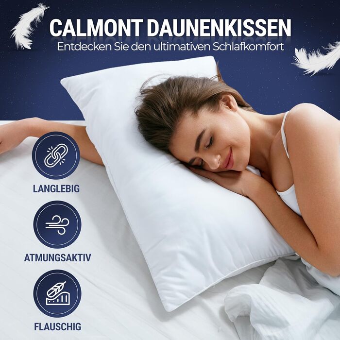 Подушка CALMONT 3-камерна пухова 80x80 см, антиалергенна, майже 100% пух, м'яка, дихаюча, довговічна, комплект 2 шт.