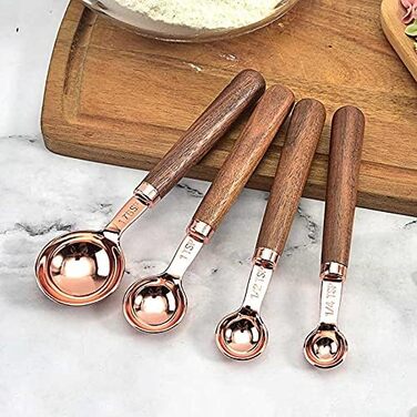 FBHappiness 4-Piece Stainless Steel Measuring Cup Set with Wooden Handle, Measuring Spoons, Gold-Plated Measuring Spoon Set for Baking in the Kitchen (Size: Measuring Cup) (Measuring Cup in Rose Gold)