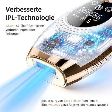 Пристрій для епіляції IPL з охолодженням 6°C, безболісна епіляція для тіла та обличчя, 999,900 імпульсів, 9 рівнів потужності, білий