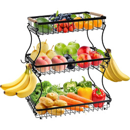 Металева фруктова корзина GMISUN з 3 ярусами та підставкою для бананів, чорна, сучасний дизайн. Підходить для зберігання фруктів, овочів та закусок. Велика місткість, 3 яруси.