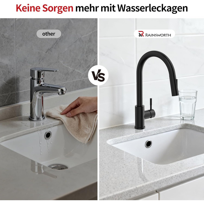 Чорний кухонний змішувач Rainsworth з висувною лійкою та душем, високий (56 см), з двома типами струменя, 360° оберт, з нержавіючої сталі, проста установка