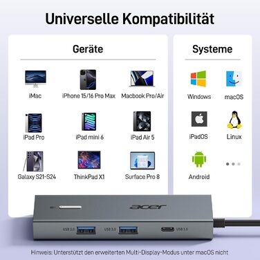 Док-станція Acer USB-C 9-в-1: Dual HDMI 4K@60Hz, 3xUSB-A, USB-C 5Gbps, 100W PD, SD/TF, для Dell, Chromebook, MacBook, Surface