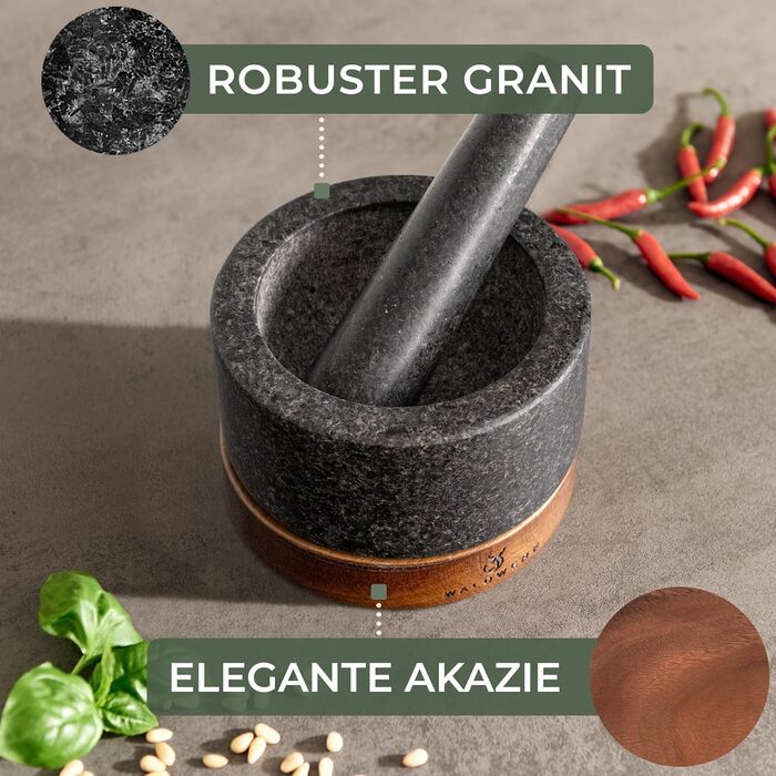 Набір для стукання WALDWERK: ступка та пестик з граніту на дерев'яній основі з дуба