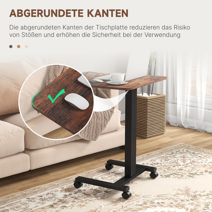 Vinsetto Adjustable Height Laptop Table with 4 Wheels, 2 Brakes, 65 cm x 48 cm x 108 cm, with Hand Crank, Brake, Particleboard, Rustic Brown | Aosom