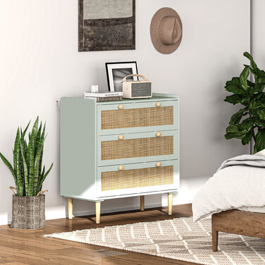 HOMCOM Bedside Table/Chest of Drawers with 3 Drawers, Sideboard with Boho Style, Rattan Look, Chest of Drawers for Living Room, Bedroom, Light Blue 80 x 40 x 87.5 cm | Aosom