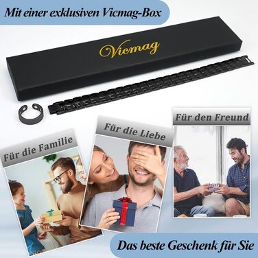 Браслет магнітний чоловічий Vicmag з титанової сталі, подвійна лінія магнітів, регульований, з інструментом та подарунковою коробкою (Чорний, 4 елементи)