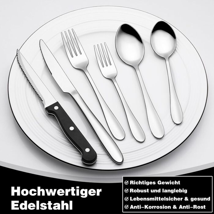 12-Person Cutlery Set, 72-Piece Stainless Steel Cutlery Set with Steak Knives, Eating Utensil Set with Knife Fork Spoon, Elegant Dinnerware for Restaurant/Party, Dishwasher Safe