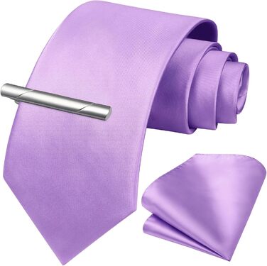 HISDERN Комплект краваток для чоловіків: краватка, нагрудна хустинка та краватки-затискач. Класичний однотонний дизайн, фіолетовий колір. Ідеально для святкових заходів, весілля та вечірок.