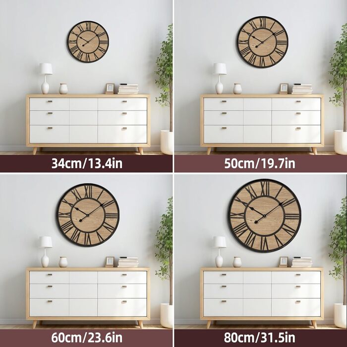 Large Wall Clock Without Ticking, 50 cm / Silent Wood Vintage Wall Clock Retro Battery Powered Modern For Living Room Bedroom, Kitchen, Farmhouse, Office Decoration (14 inch, Antique Bronze Metal - Roman Numerals)