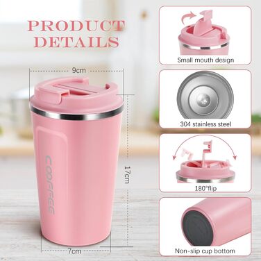 Термокружка Flintronic 510 мл з подвійними стінками, з нержавіючої сталі, з кришкою, для кави та чаю (рожевий)