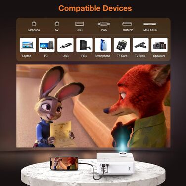 HOPVISION Beamer: Міні проектор Full HD 1080P з Bluetooth 5.1, 9500 Lumens, 4K підтримка, для дому та вулиці. Сумісний зі смартфоном, HDMI, USB, Pad, Fire Stick, PS5