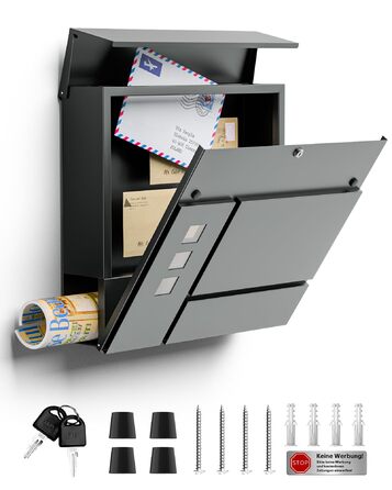 Поштовий ящик антрацит з гравіюванням, персоналізований, 2-в-1, нержавіюча сталь, з табличкою для імені та номера будинку, газетний відсік, подвійний (L)