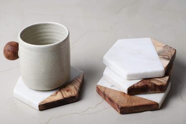 GoCraft Coasters made of marble and mango wood, handcrafted, geometric, white. Marble coasters for drinks, wine glasses, beverages, cocktails, and bar glassware, elegant home decor and