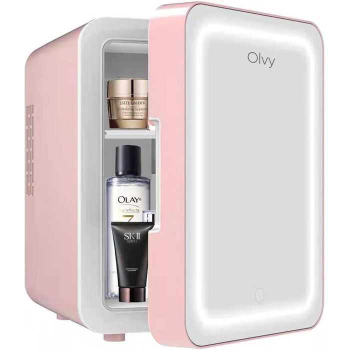 Olvy Skincare Fridge - 4 Liter Mini Fridge with LED Mirror - Portable Beauty Fridge, Cooling & Heating for Room Use (Pink)