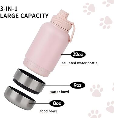 Миска-поїльник для собак 3-в-1 950 мл (Рожева) - для подорожей, з термоізоляцією та мискою, 3-в-1