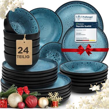 Набір посуду Twinzee Steingut 24 частини для 6 осіб: тарілки та миски, колекція Riviera Azur, з каменю, для мікрохвильової печі