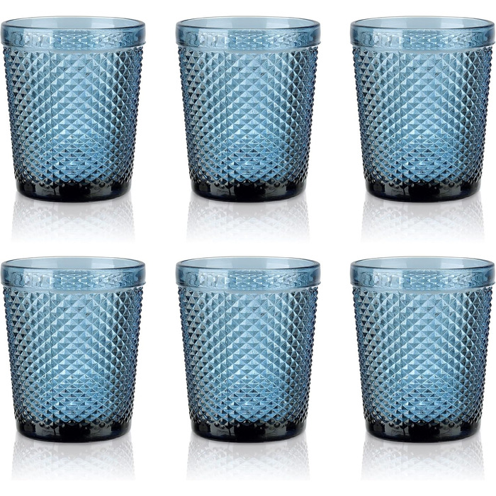 Joeyan 300ml Blue Drinking Glasses Set of 6, Colorful Water Glasses Set with Diamond Relief, Vintage Glasses Set for Home Restaurant Bar, Dishwasher Safe