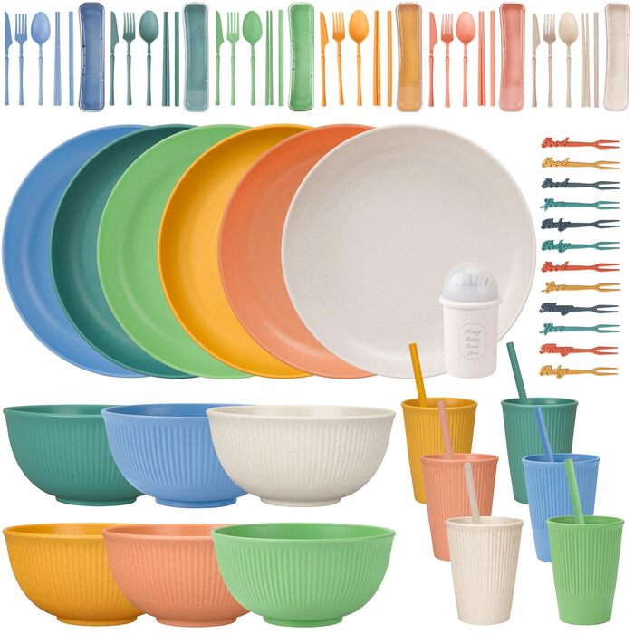 Набір посуду 48 шт. незламний, багаторазовий, для кемпінгу, пікніка, барбекю. Пластиковий посуд, 66 шт. (яскравих кольорів)