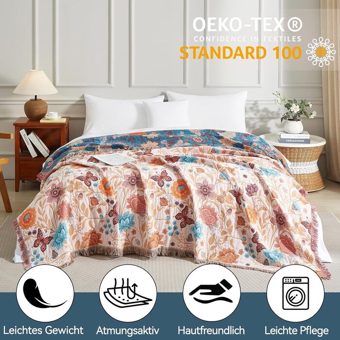 Богемна ковдра Boho з 100% бавовни, м'яка двостороння муслінова ковдра 150x200 см, плед для дивану та ліжка, декоративна patchwork ковдра, літня ковдра для вітальні, зелено-бежева (200 x 230 см, Blumentanz)