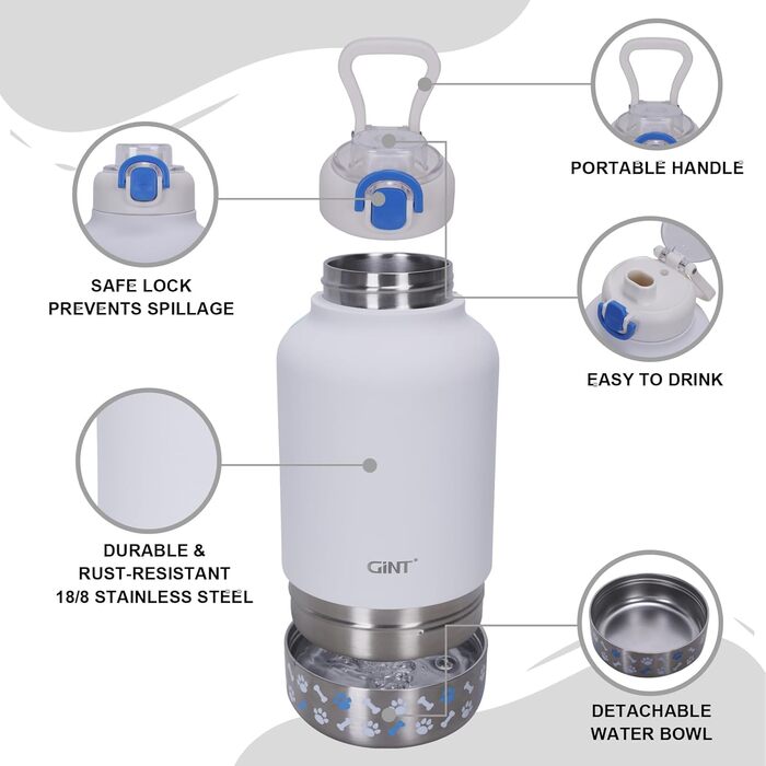 GiNT Ізольована пляшка для води з нержавіючої сталі для собак та людей, багатофункціональний дорожній диспенсер з знімними мисками та сумкою, водонепроникна годівниця для тварин для прогулянок, походів, кемпінгу, авто, білий/розкішний сад