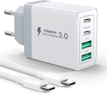 Мережевий адаптер USB-C на 4 порти з кабелем USB-C на USB-C 2м, 40W, PD 3.0, для iPhone, Samsung, смартфонів
