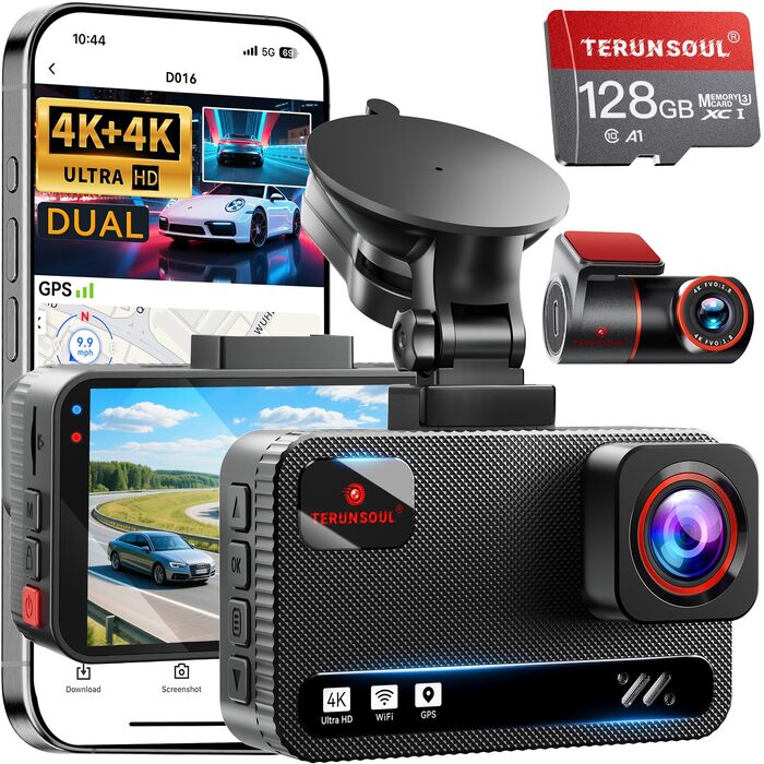 Автомобільний відеореєстратор 4K+4K з передньою та задньою камерою, 128GB карта пам'яті, 5.8GHz WiFi, 3